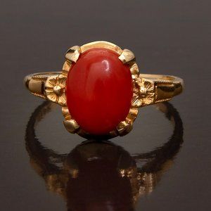 Vintage Red Coral 14K Yellow Gold Ring, Coral Gemstone Ring, Fine Jewelry Gift